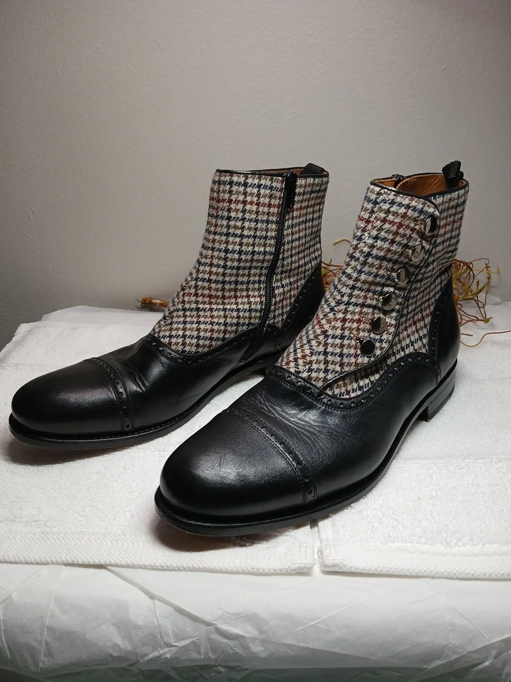 Taft Black Leather & Houndstooth Ankle Boots